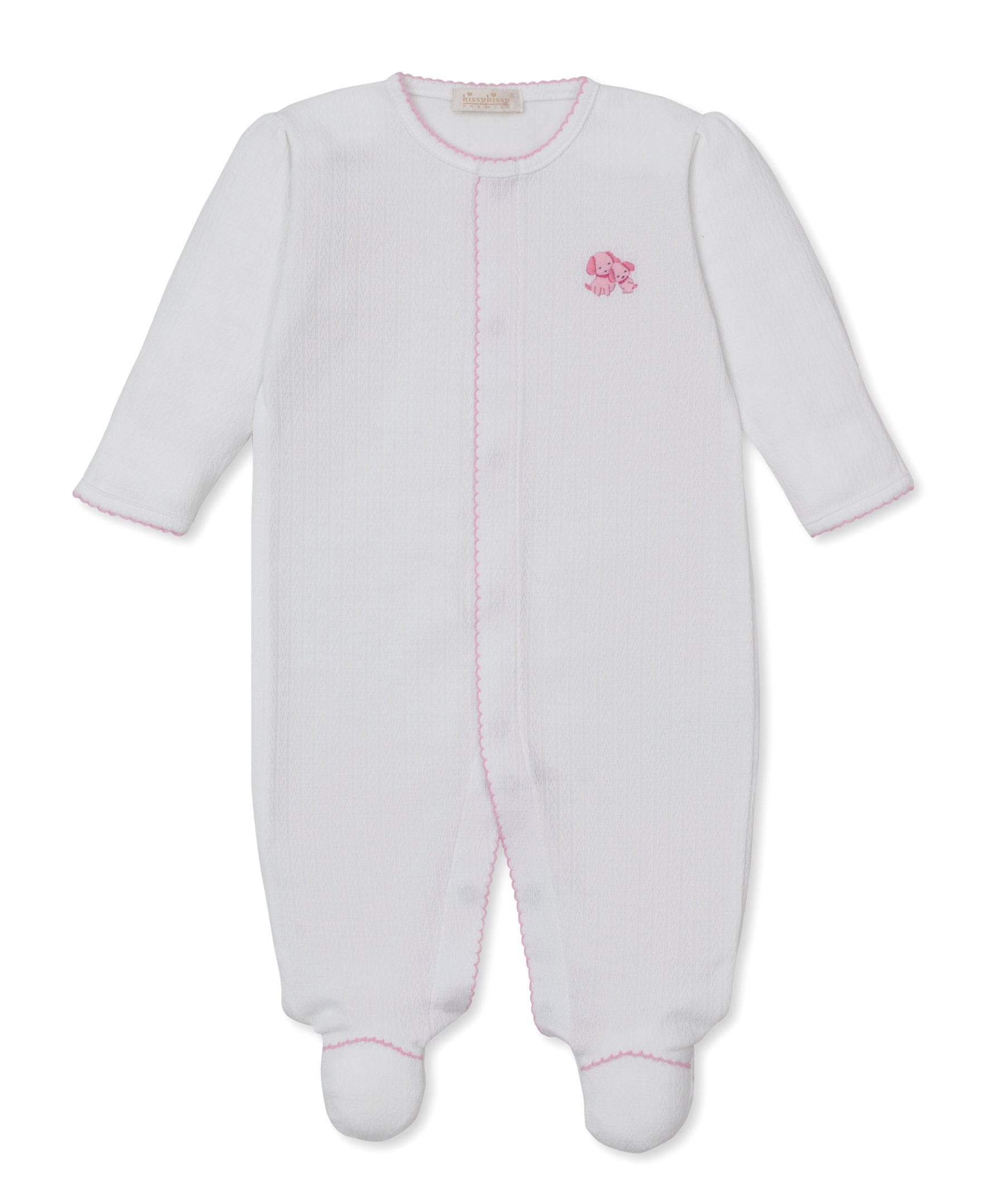 Premier Puppy Family White/Pink Hand Emb. Pointelle Footie