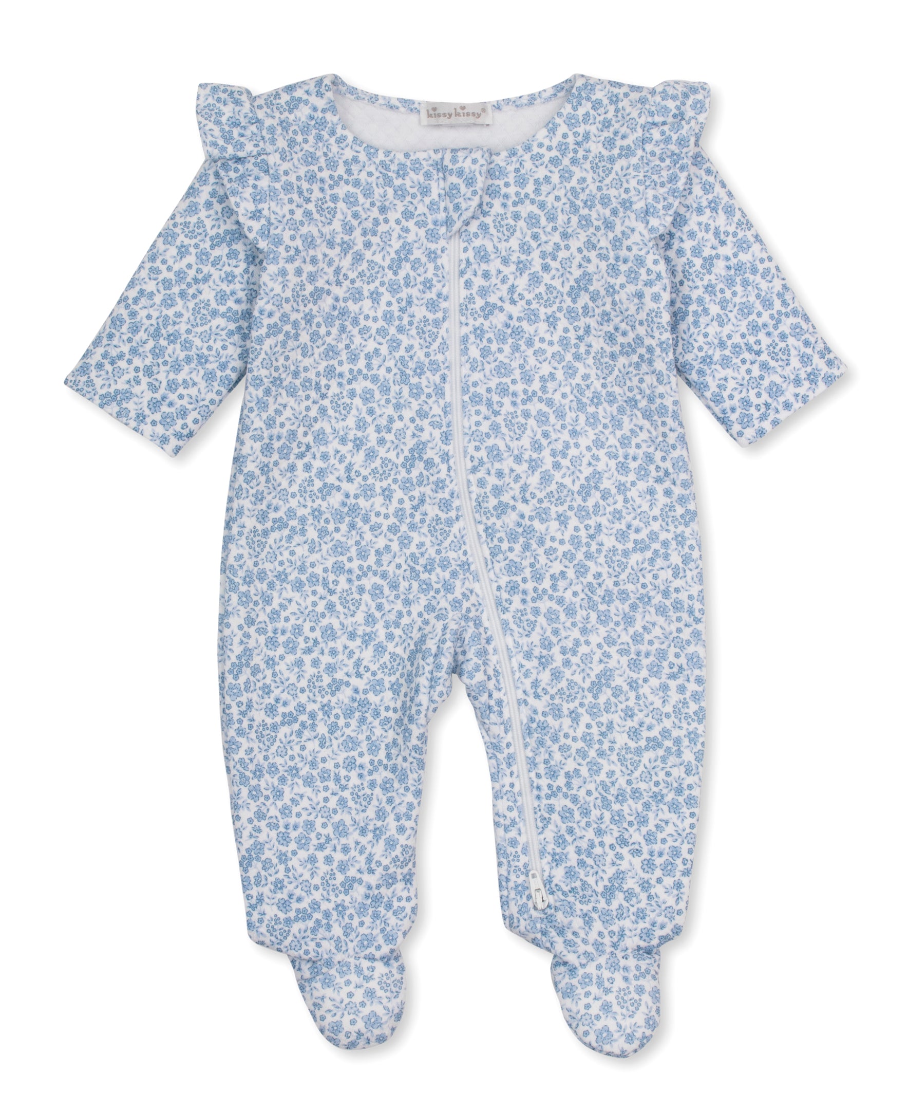 Fall Blooms Blue Jacquard Zip Footie - Kissy Kissy