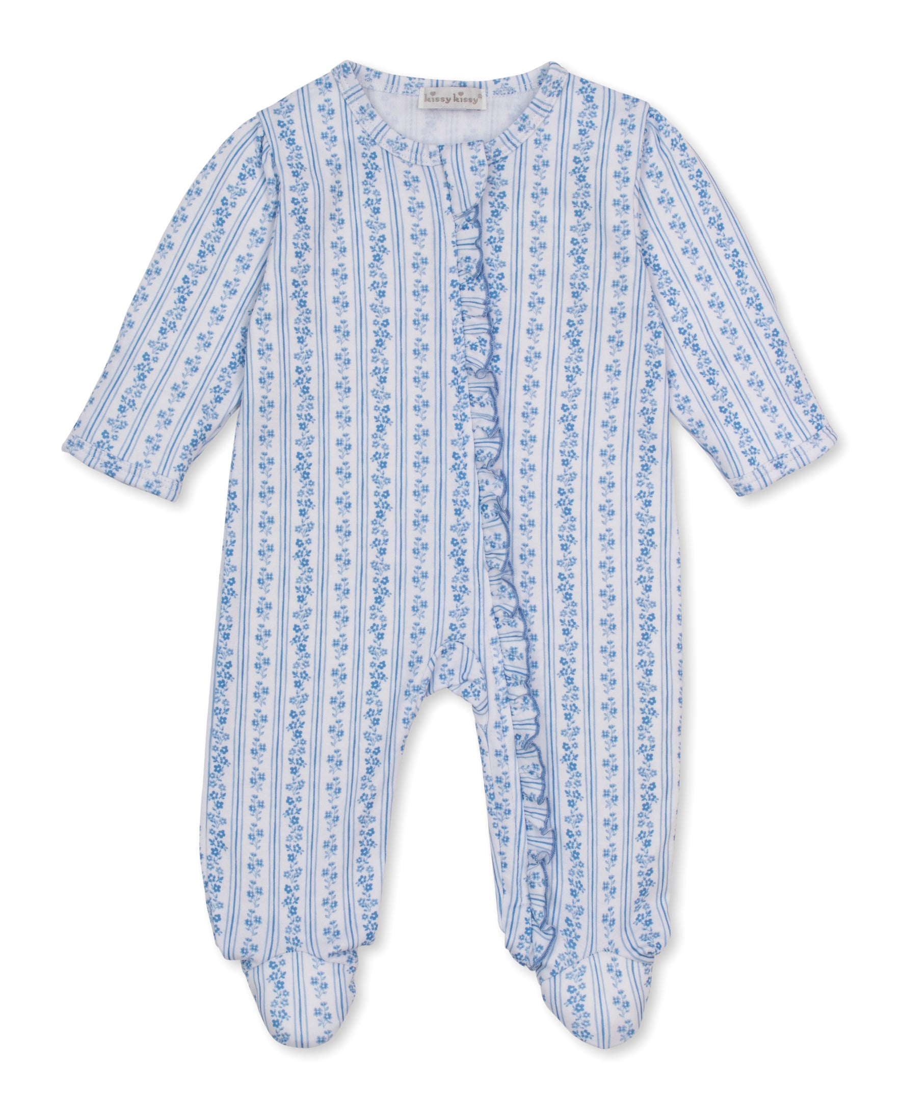 Watercolor Floral Stripes Blue Zip Footie