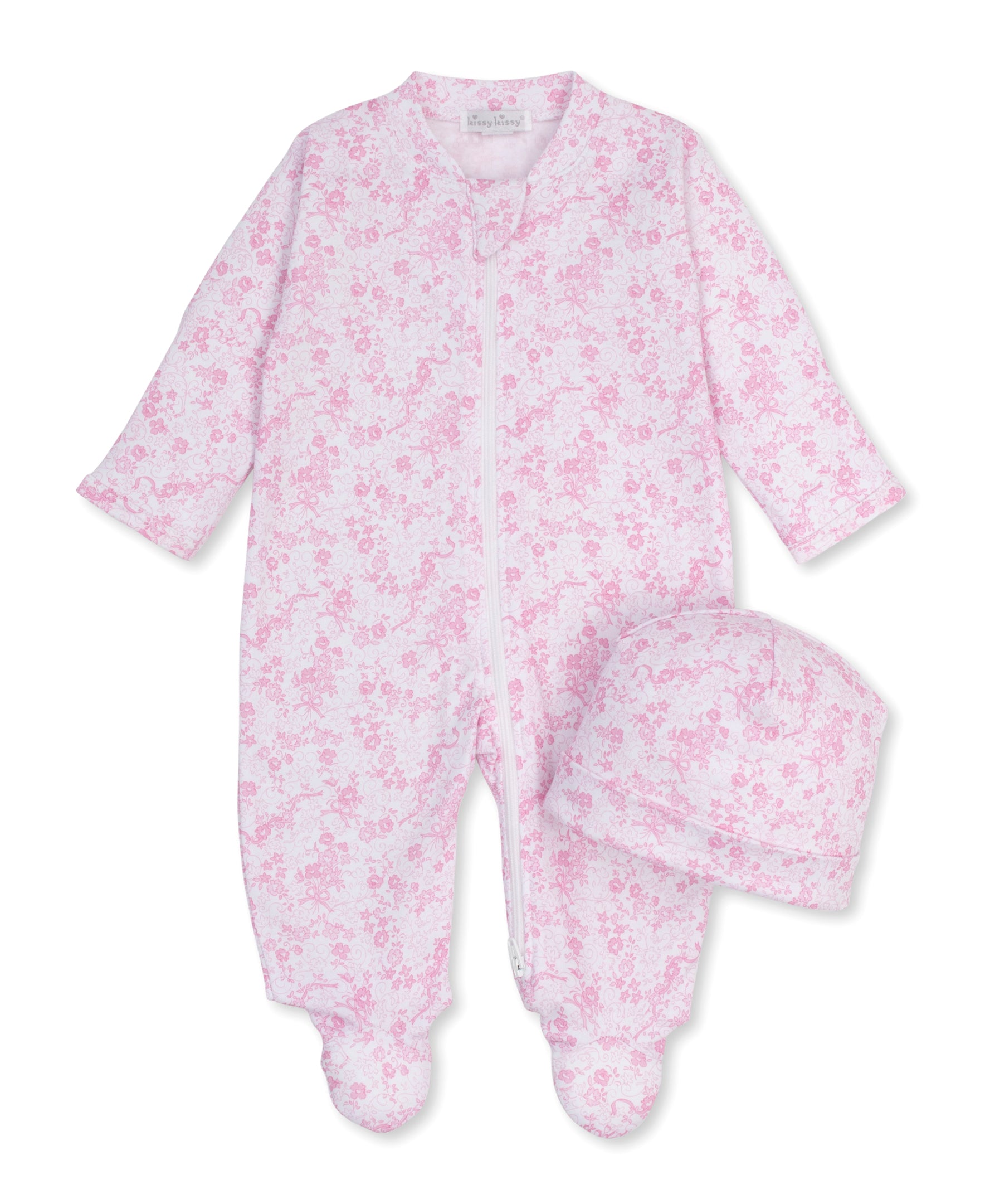Old English Roses Pink Zip Footie & Hat Set - Kissy Kissy