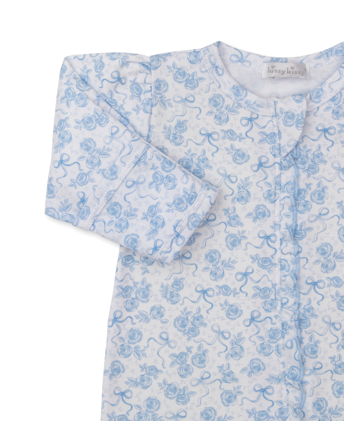 Roses & Bows Blue Zip Footie - Kissy Kissy