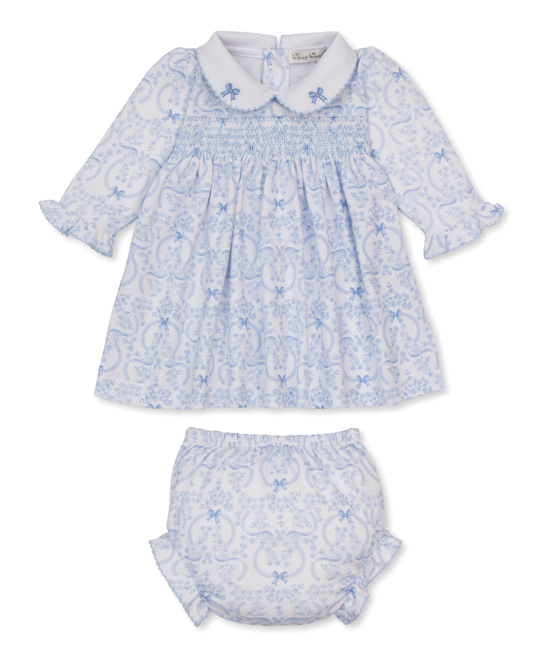 Delicate Blooming Bows Blue Smocked Dress Set - Kissy Kissy