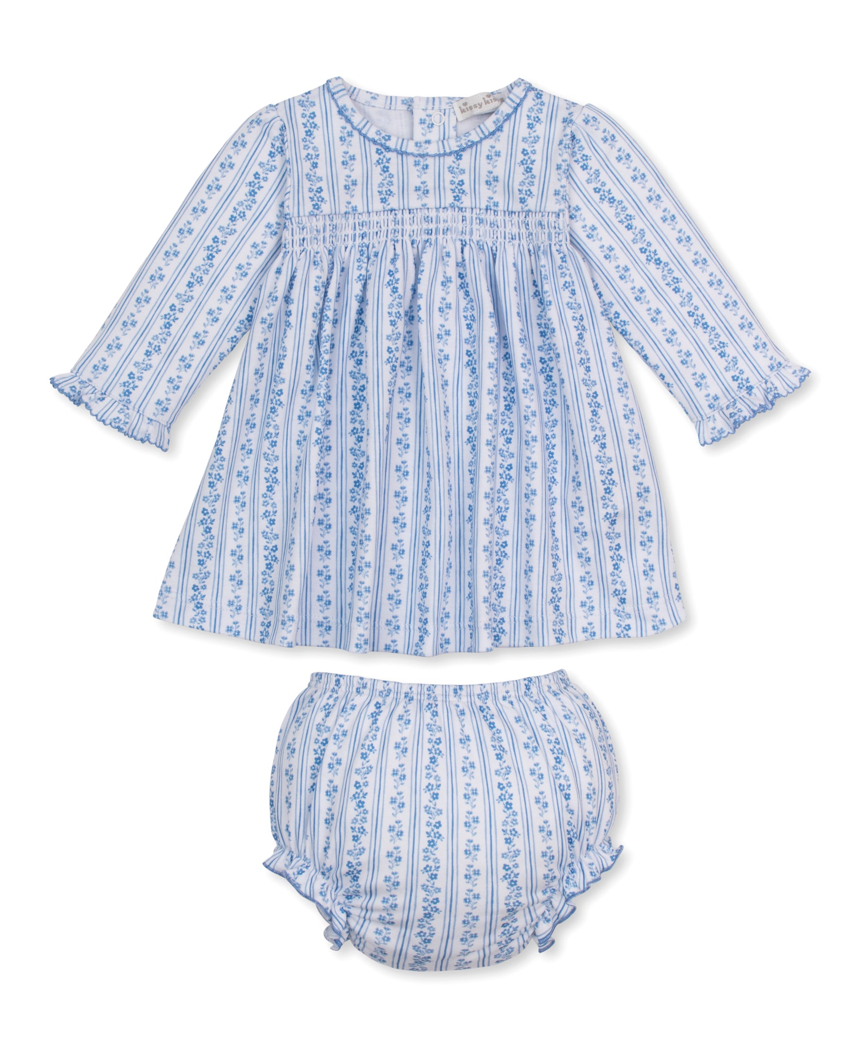 Watercolor Floral Stripes Blue Smocked Dress Set