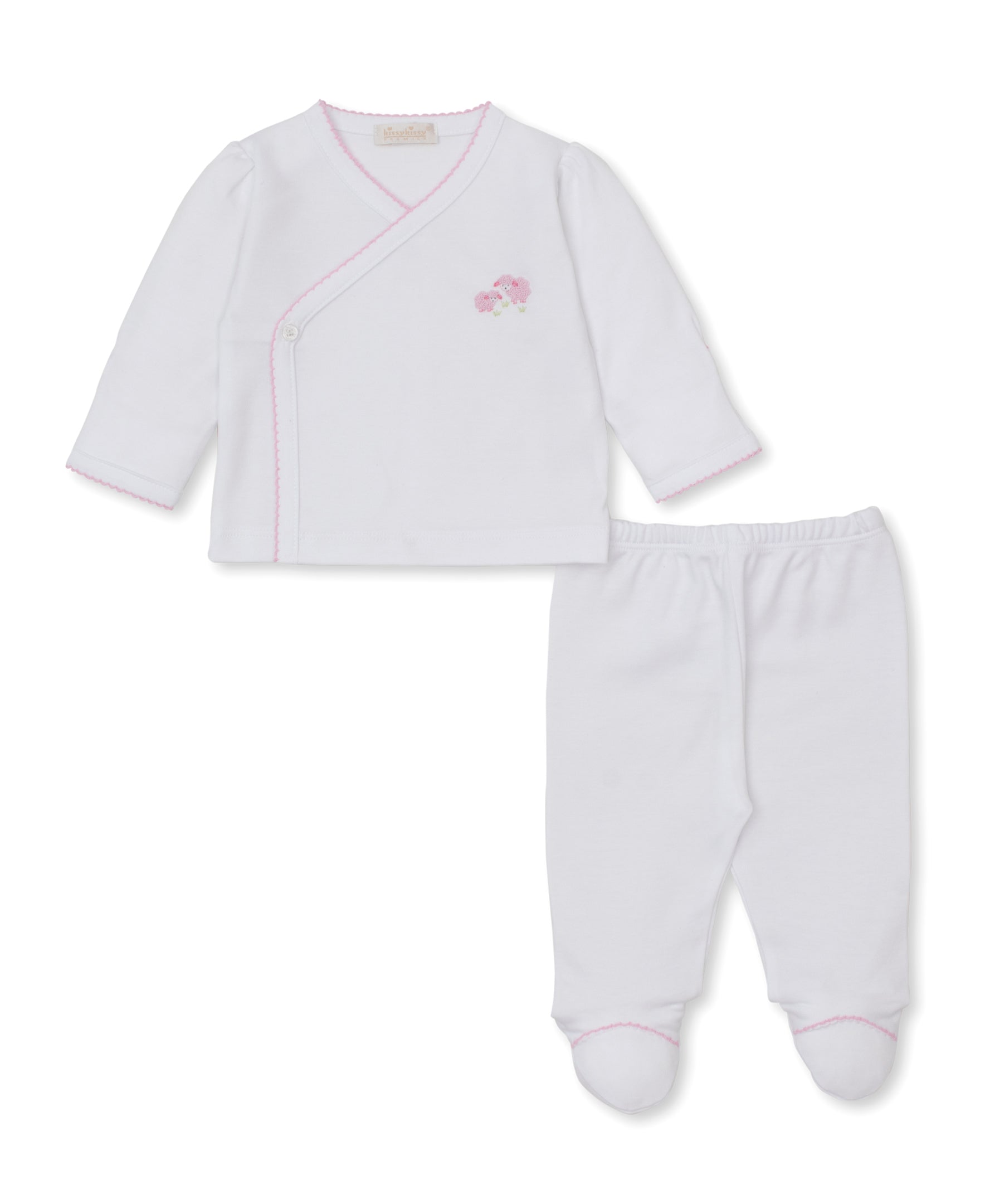 Premier Sweet Sheep White/Pink Hand Emb Footed Pant Set - Kissy Kissy