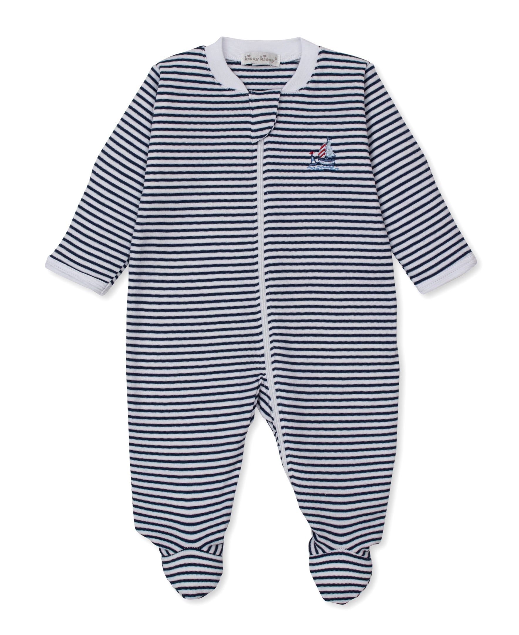 Red, White, & Blue Regatta Stripe Zip Footie - Kissy Kissy