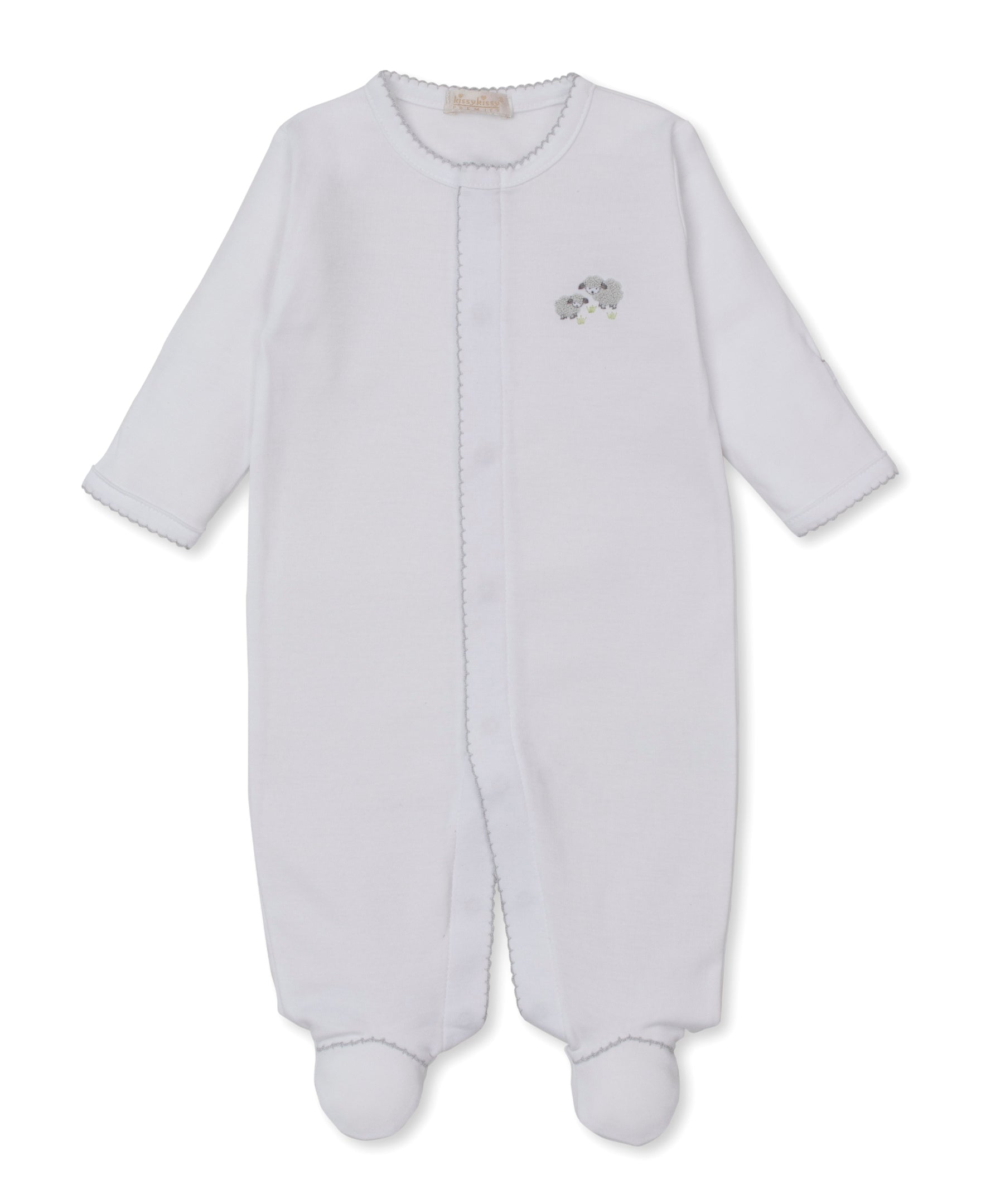 Premier Sweet Sheep White/Silver Hand Emb. Footie - Kissy Kissy