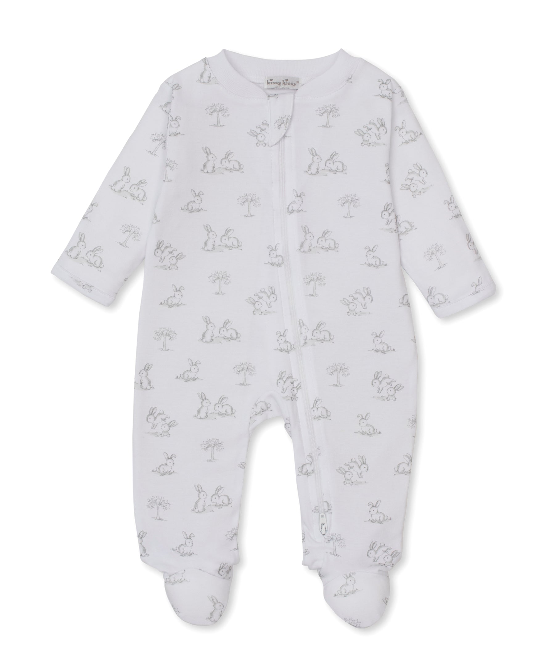 Springtime Bunny Fun Silver Zip Footie - Kissy Kissy