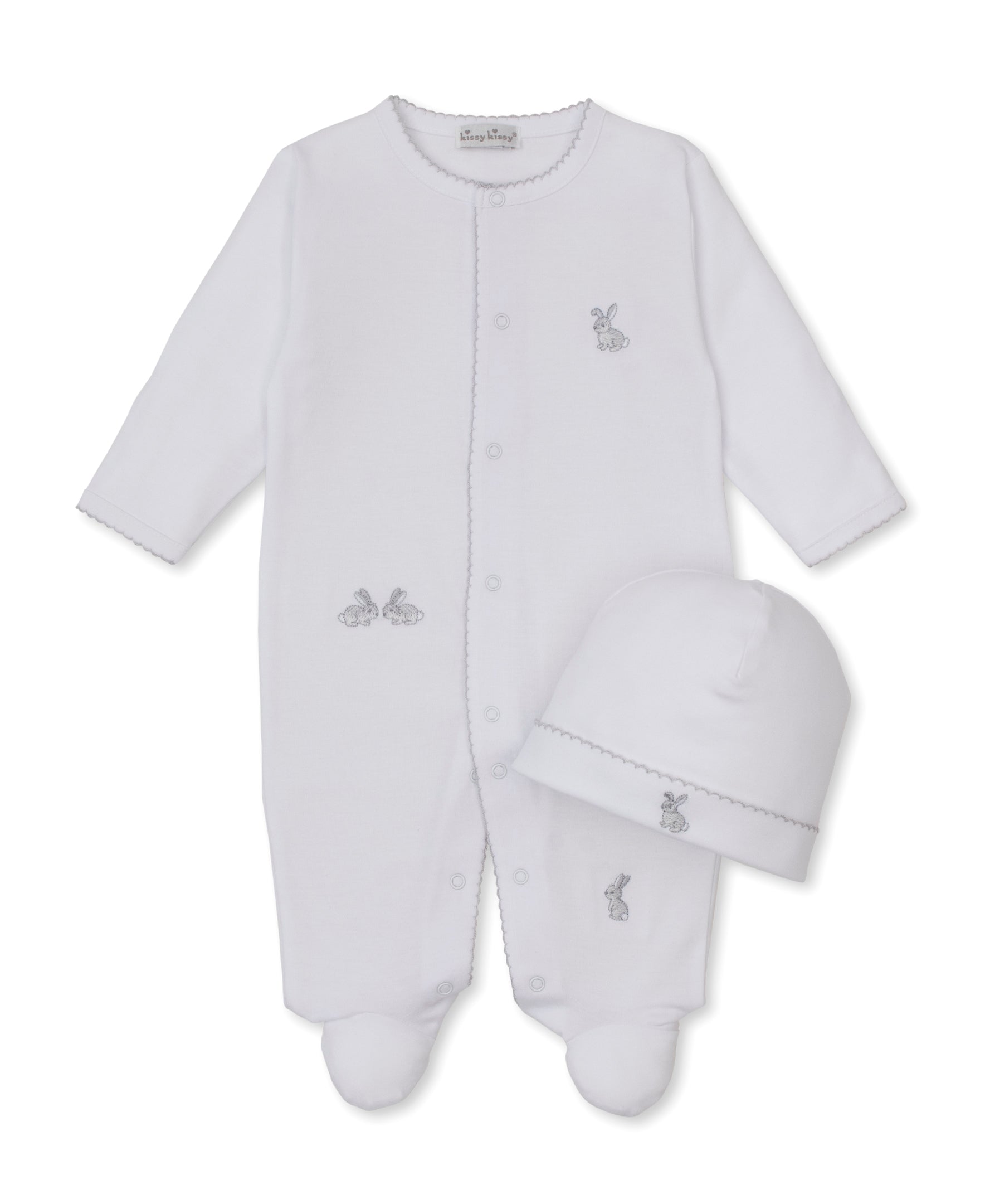 Springtime Bunny Fun White/Silver Footie & Hat Set - Kissy Kissy