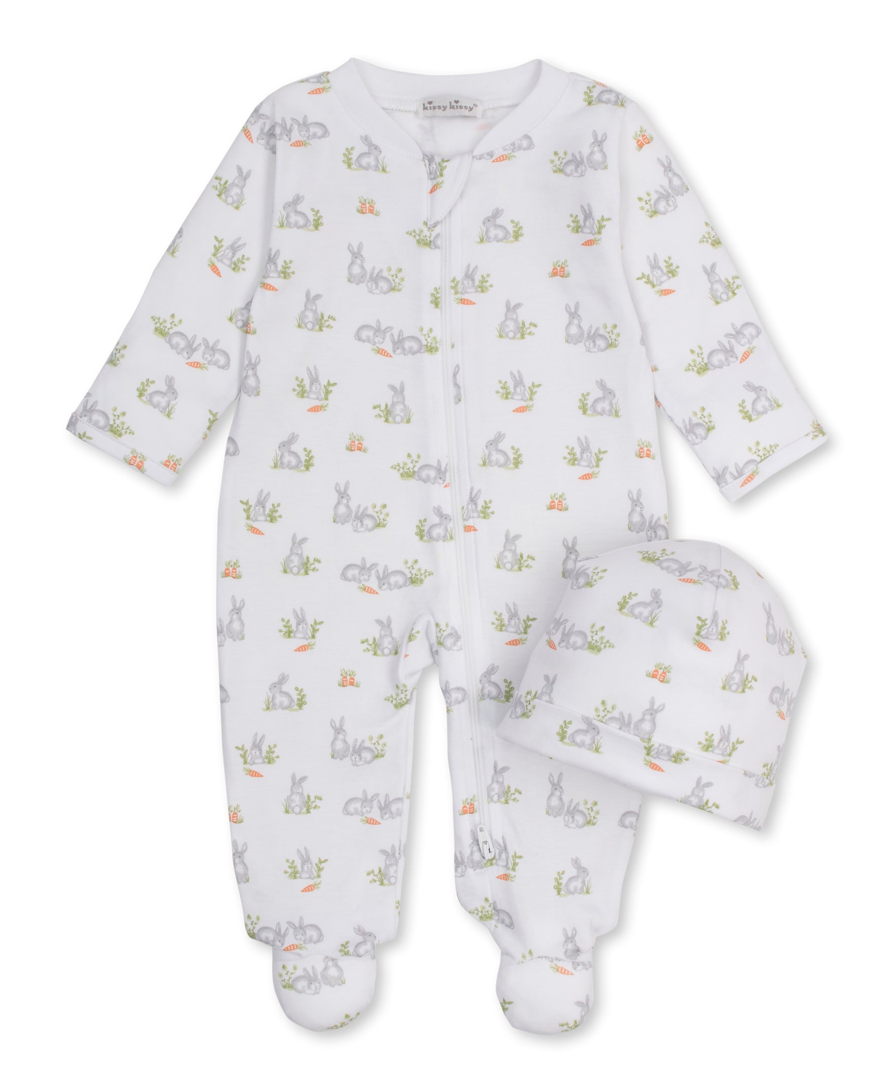Baby Bunny Patch Silver Zip Footie & Hat Set - Kissy Kissy