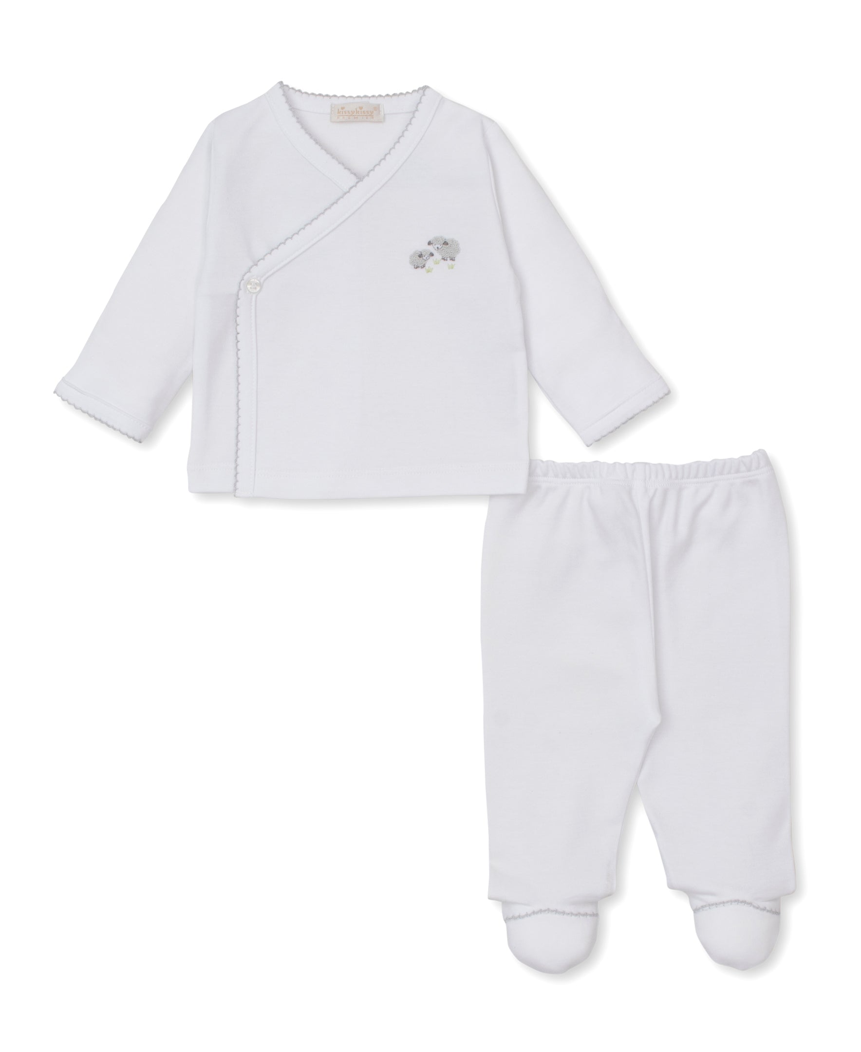 Premier Sweet Sheep White/Silver Hand Emb. Footed Pant Set - Kissy Kissy