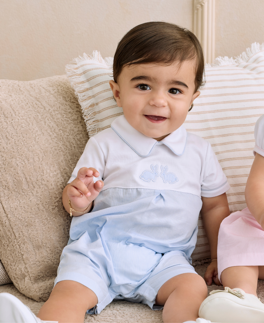 Pique Twin Bunnies Blue Woven Gingham Short Playsuit - Kissy Kissy