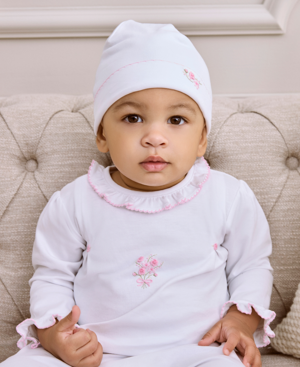 Premier Old English Roses White/Pink Hand Emb. Footie - Kissy Kissy