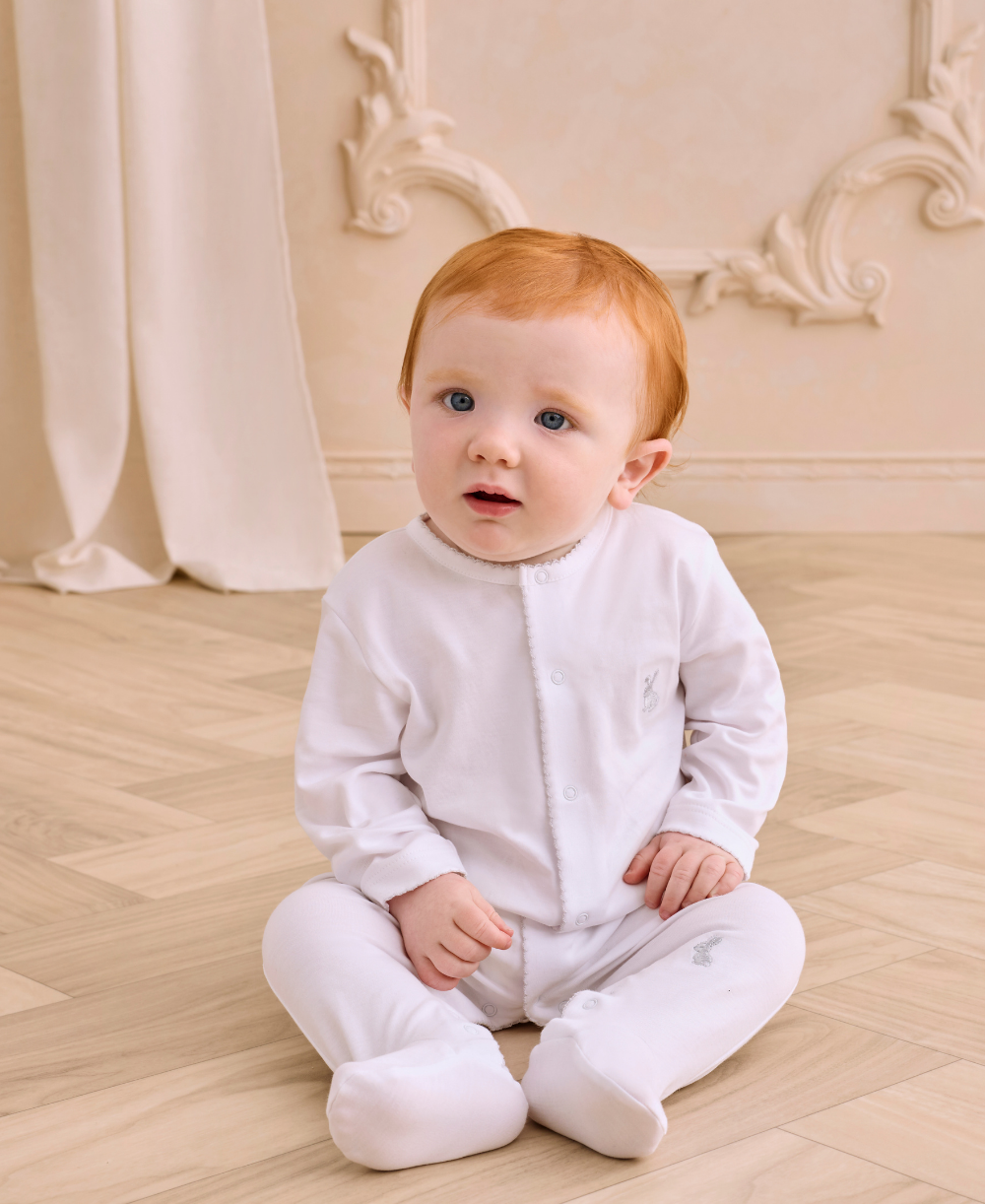 Springtime Bunny Fun White/Silver Footie & Hat Set - Kissy Kissy