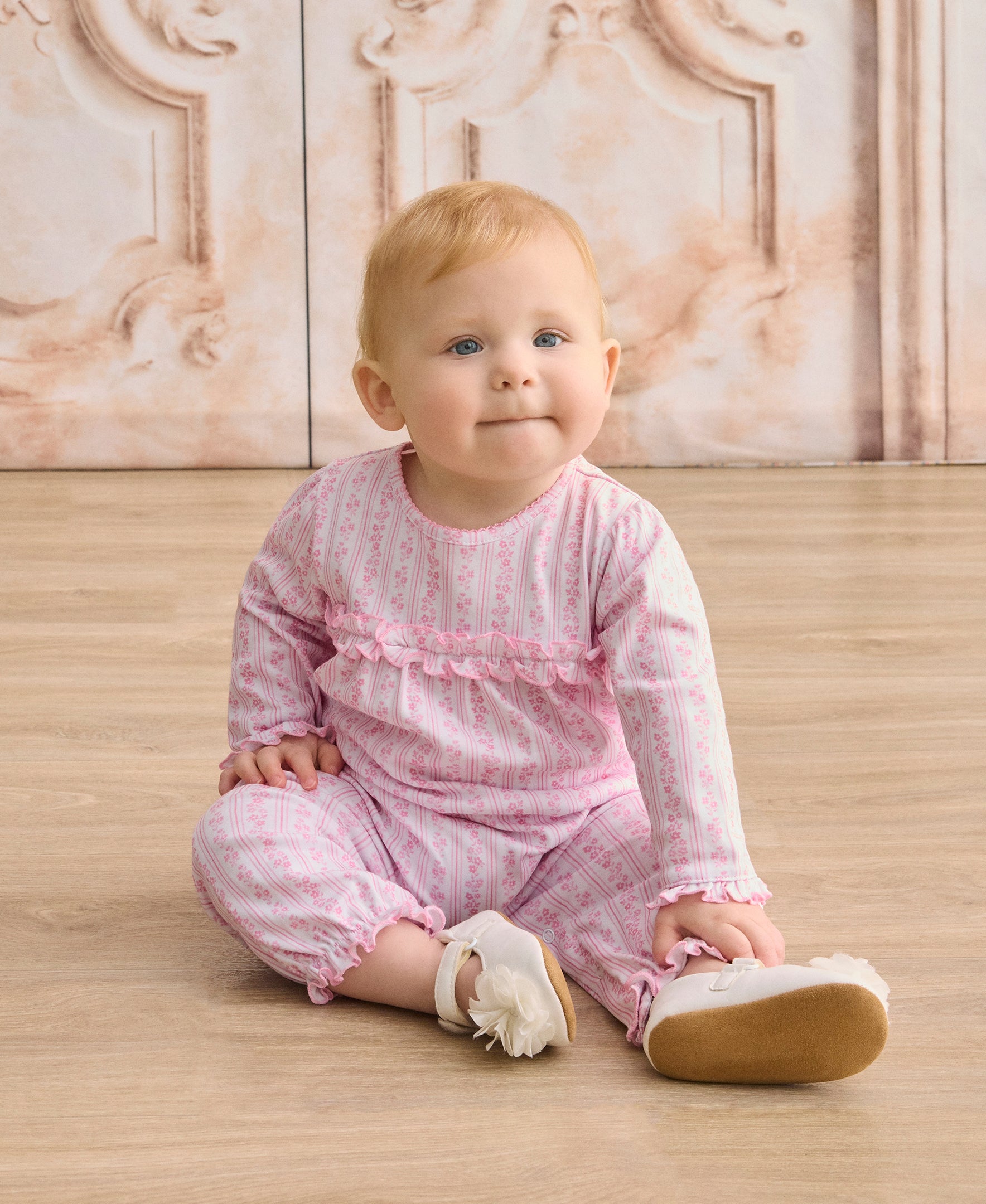 Watercolor Floral Stripes Pink Ruffle Playsuit