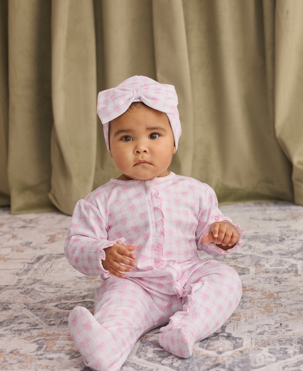 Windowpane Bows Pink Zip Footie