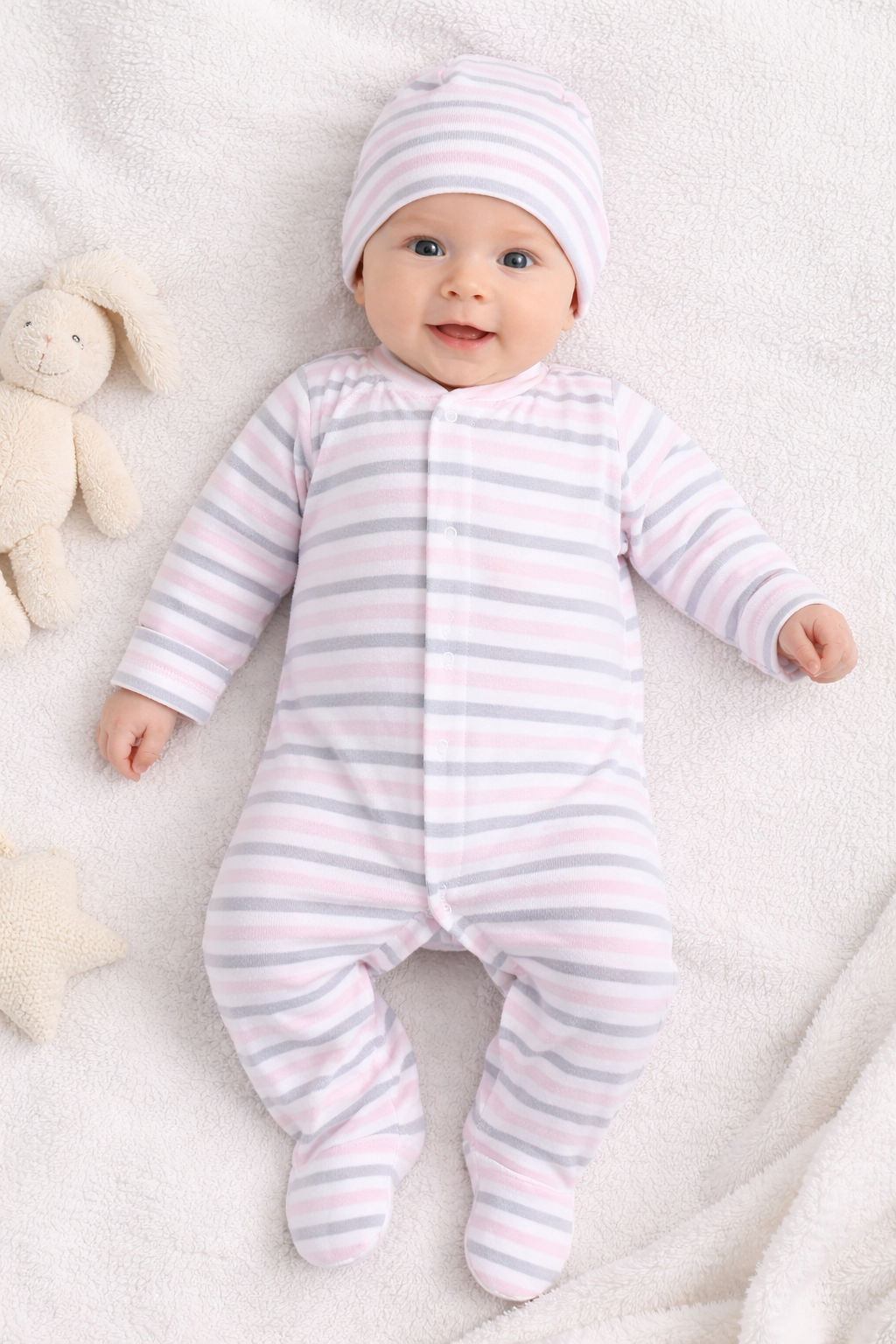 Pink Stripe Velour Footie & Hat Set - Kissy Kissy